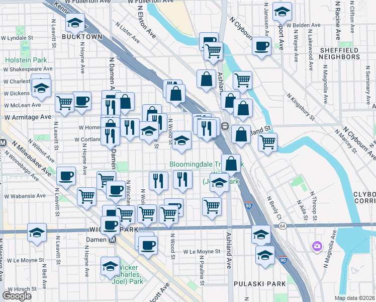 map of restaurants, bars, coffee shops, grocery stores, and more near 1841 North Hermitage Avenue in Chicago