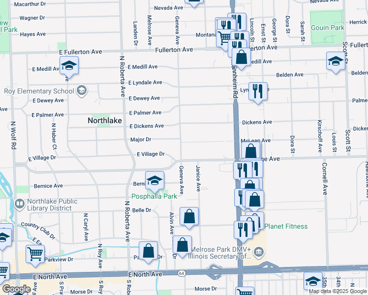 map of restaurants, bars, coffee shops, grocery stores, and more near 412 Major Drive in Northlake