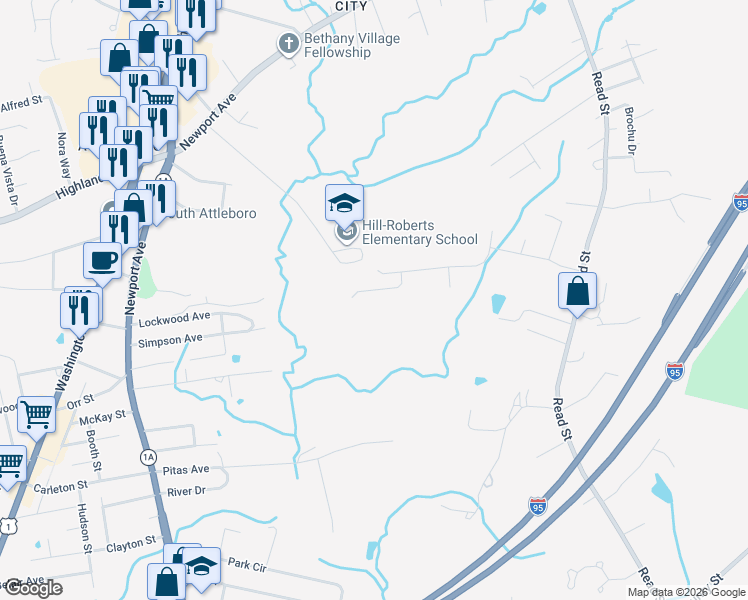 map of restaurants, bars, coffee shops, grocery stores, and more near 17 Jody Way in Attleboro