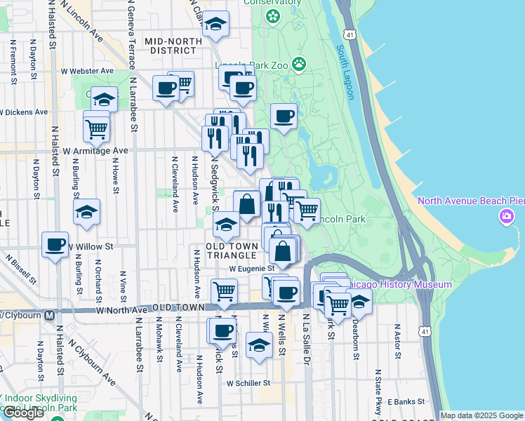 map of restaurants, bars, coffee shops, grocery stores, and more near 1848 North Lincoln Avenue in Chicago