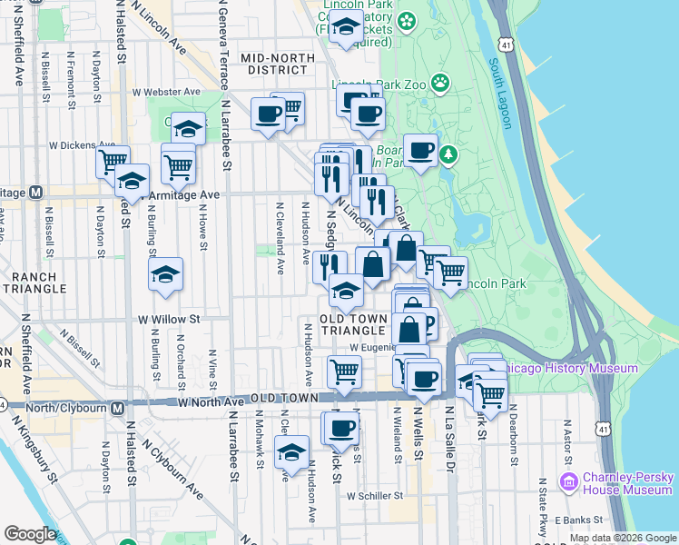 map of restaurants, bars, coffee shops, grocery stores, and more near 1846 North Sedgwick Street in Chicago