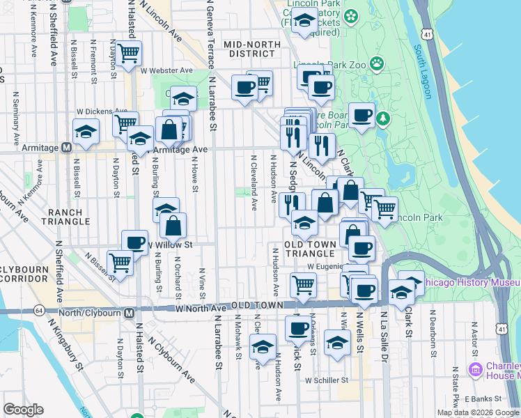 map of restaurants, bars, coffee shops, grocery stores, and more near 1844 North Hudson Avenue in Chicago