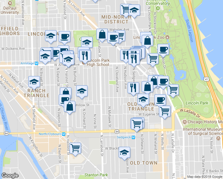 map of restaurants, bars, coffee shops, grocery stores, and more near 1845 North Mohawk Street in Chicago