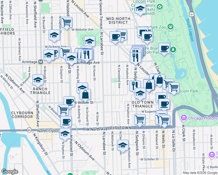 map of restaurants, bars, coffee shops, grocery stores, and more near 1845 North Mohawk Street in Chicago
