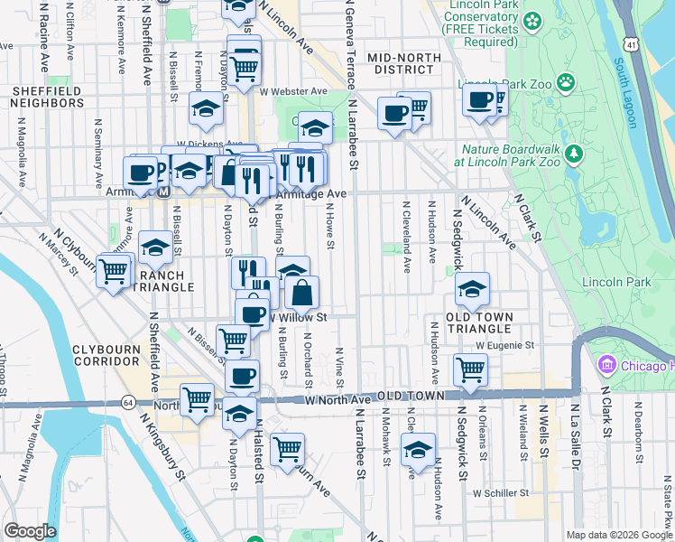 map of restaurants, bars, coffee shops, grocery stores, and more near 1872 North Howe Street in Chicago