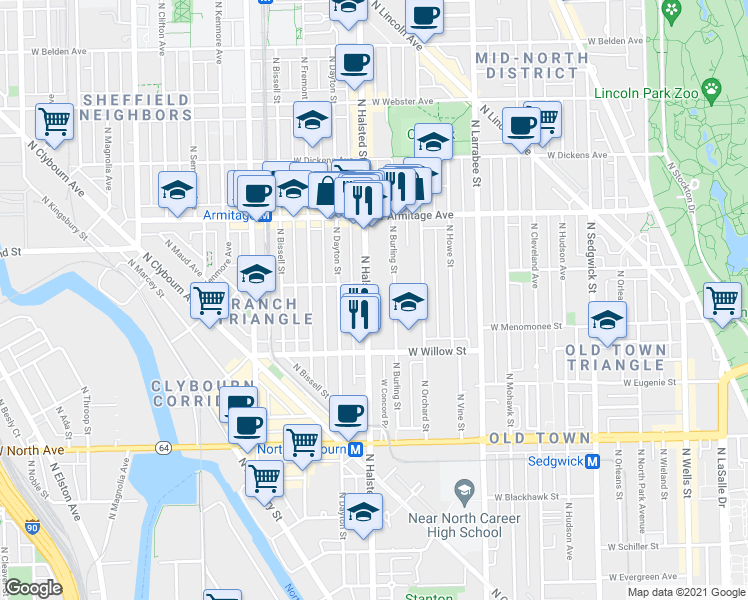map of restaurants, bars, coffee shops, grocery stores, and more near 1877 North Halsted Street in Chicago
