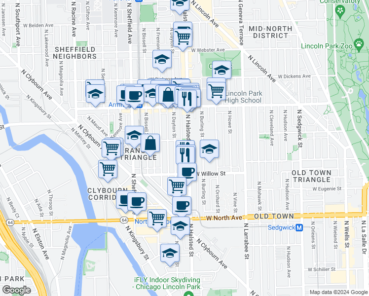 map of restaurants, bars, coffee shops, grocery stores, and more near 1875 North Dayton Street in Chicago