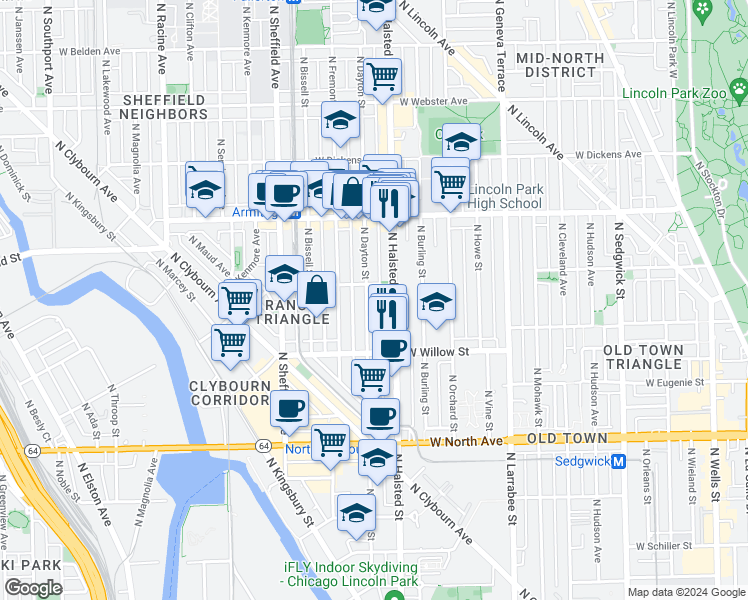map of restaurants, bars, coffee shops, grocery stores, and more near 1875 North Dayton Street in Chicago