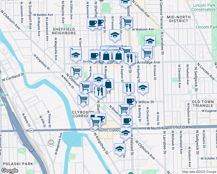 map of restaurants, bars, coffee shops, grocery stores, and more near 1875 North Fremont Street in Chicago
