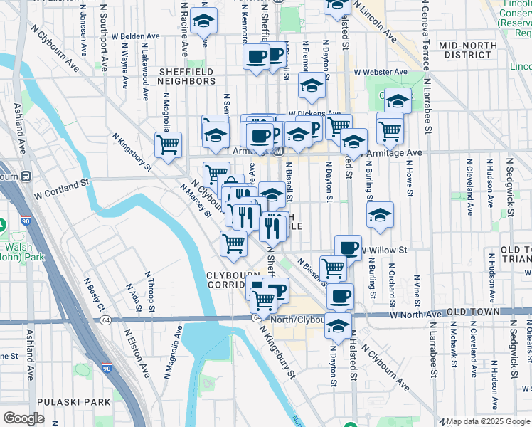 map of restaurants, bars, coffee shops, grocery stores, and more near 1867 North Poe Street in Chicago