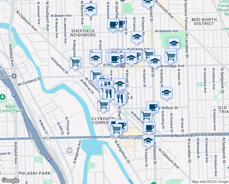 map of restaurants, bars, coffee shops, grocery stores, and more near 1867 North Poe Street in Chicago