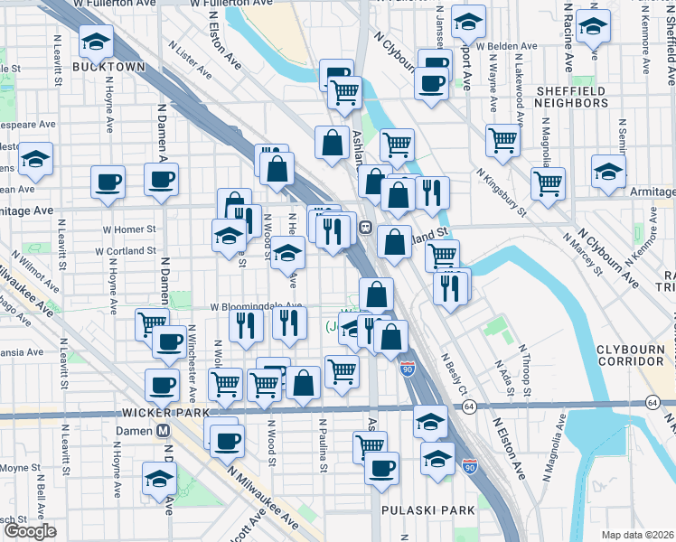 map of restaurants, bars, coffee shops, grocery stores, and more near 1627 West Cortland Street in Chicago