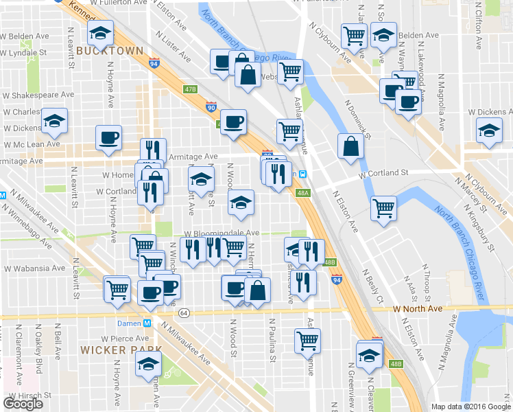 map of restaurants, bars, coffee shops, grocery stores, and more near 1858 North Paulina Street in Chicago