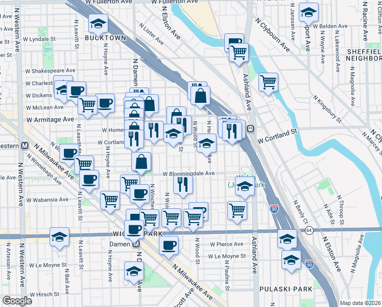 map of restaurants, bars, coffee shops, grocery stores, and more near in Chicago