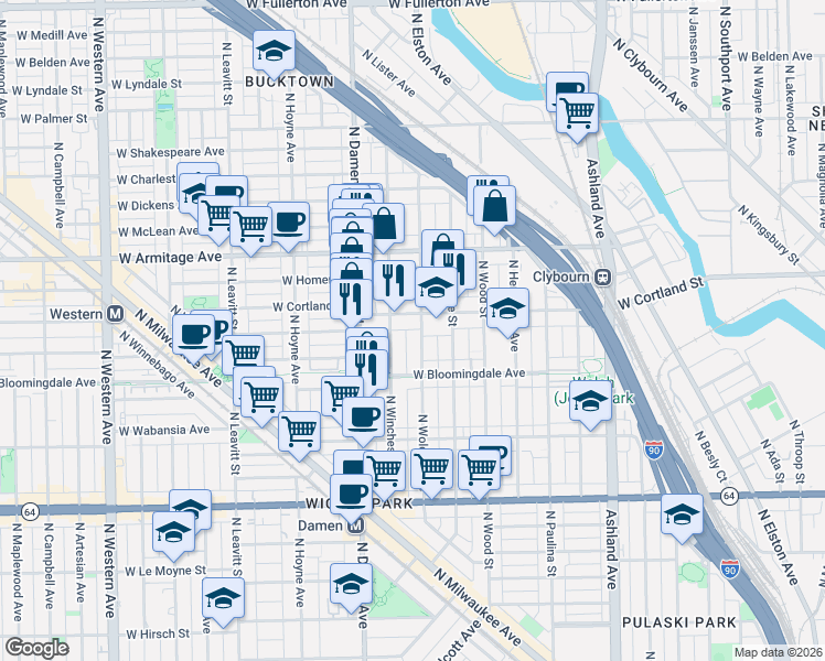 map of restaurants, bars, coffee shops, grocery stores, and more near 1901 North Wolcott Avenue in Chicago