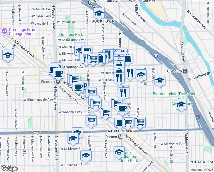 map of restaurants, bars, coffee shops, grocery stores, and more near in Chicago