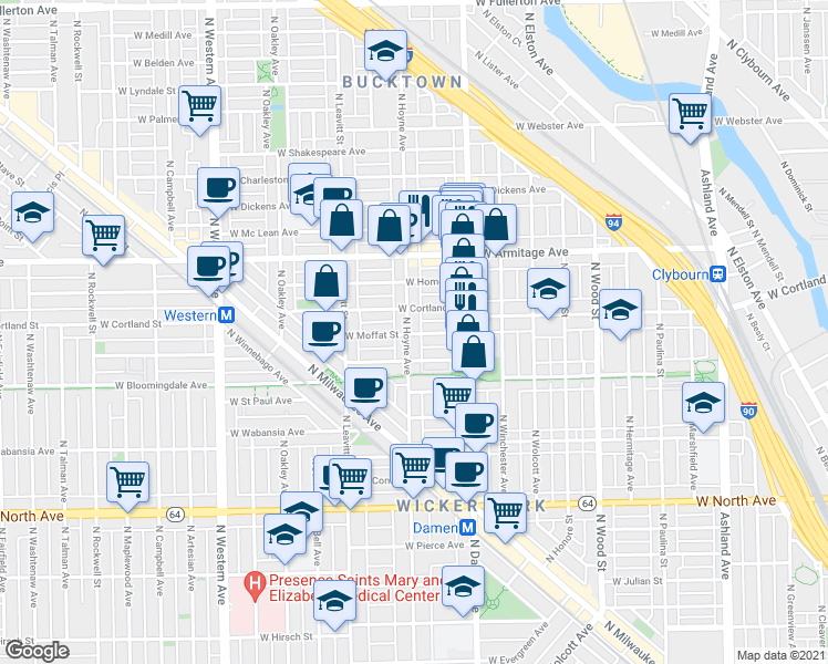map of restaurants, bars, coffee shops, grocery stores, and more near in Chicago