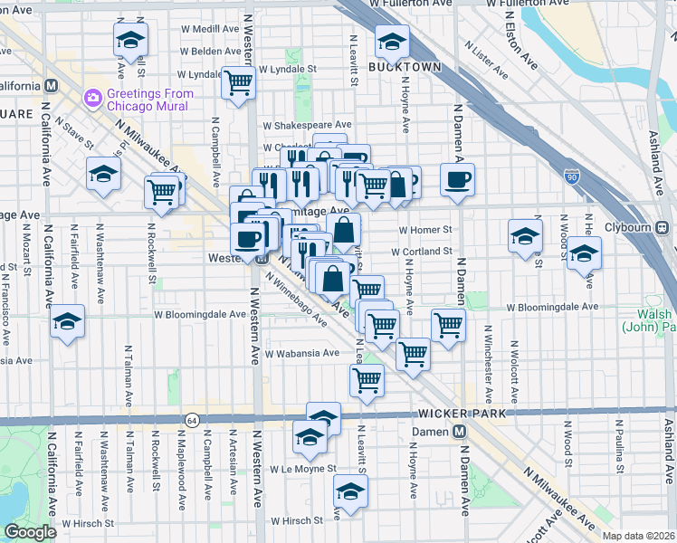 map of restaurants, bars, coffee shops, grocery stores, and more near 2239 West Cortland Street in Chicago