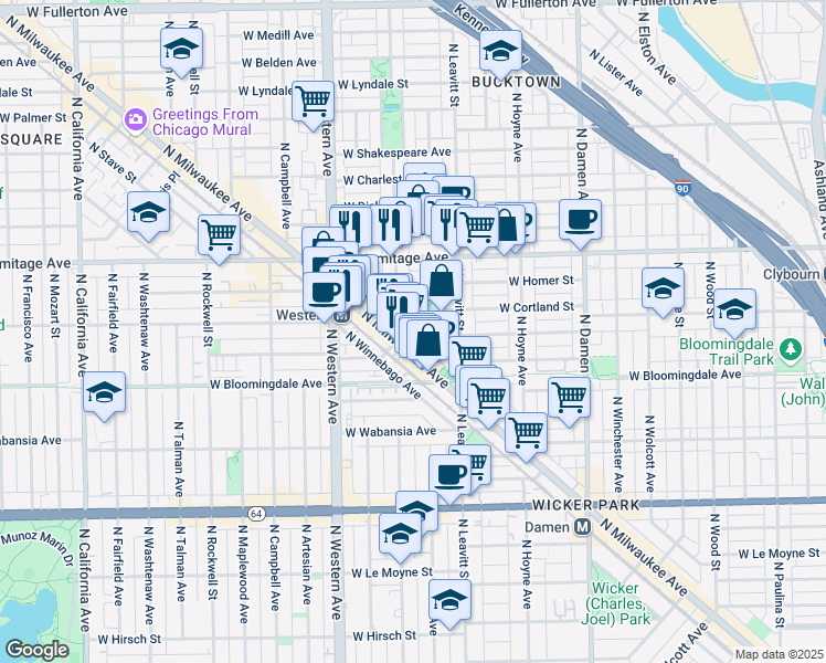 map of restaurants, bars, coffee shops, grocery stores, and more near 2239 West Cortland Street in Chicago
