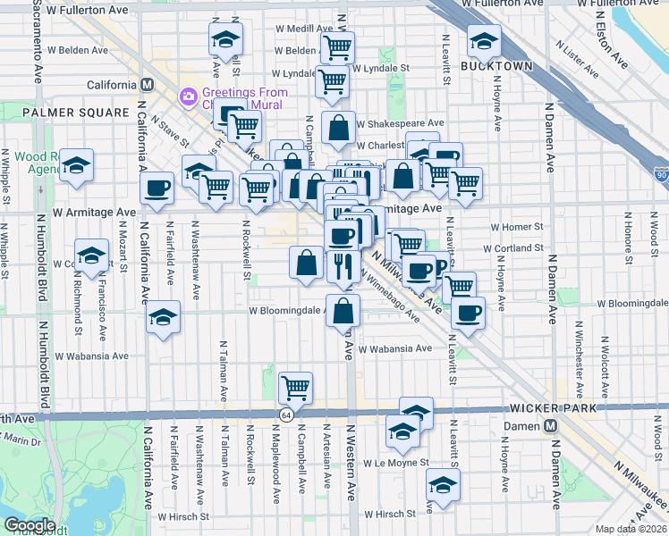 map of restaurants, bars, coffee shops, grocery stores, and more near 2428 West Cortland Street in Chicago