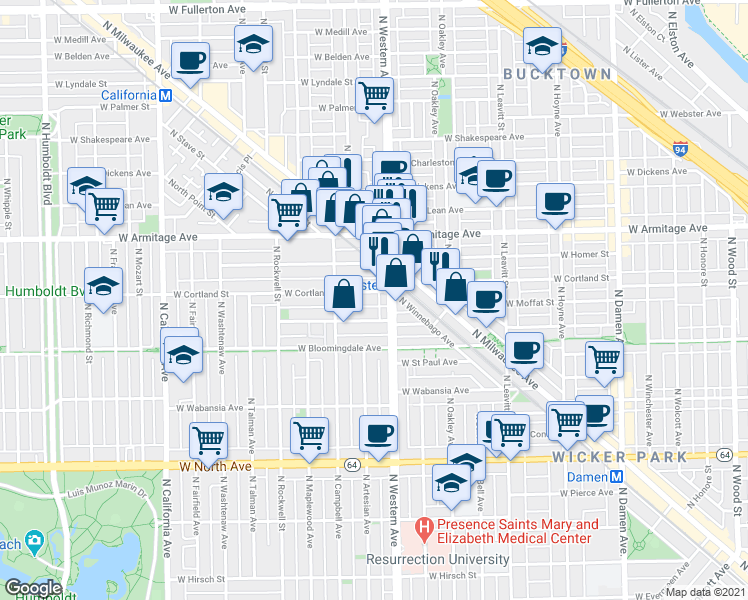 map of restaurants, bars, coffee shops, grocery stores, and more near 2428 West Cortland Street in Chicago
