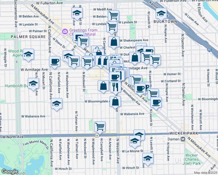 map of restaurants, bars, coffee shops, grocery stores, and more near 2428 West Cortland Street in Chicago