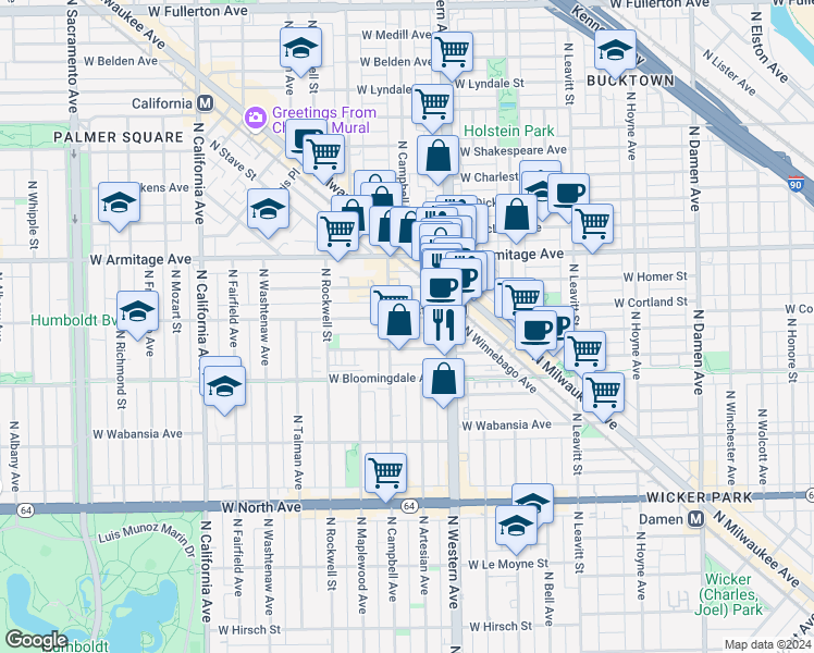 map of restaurants, bars, coffee shops, grocery stores, and more near 2428 West Cortland Street in Chicago