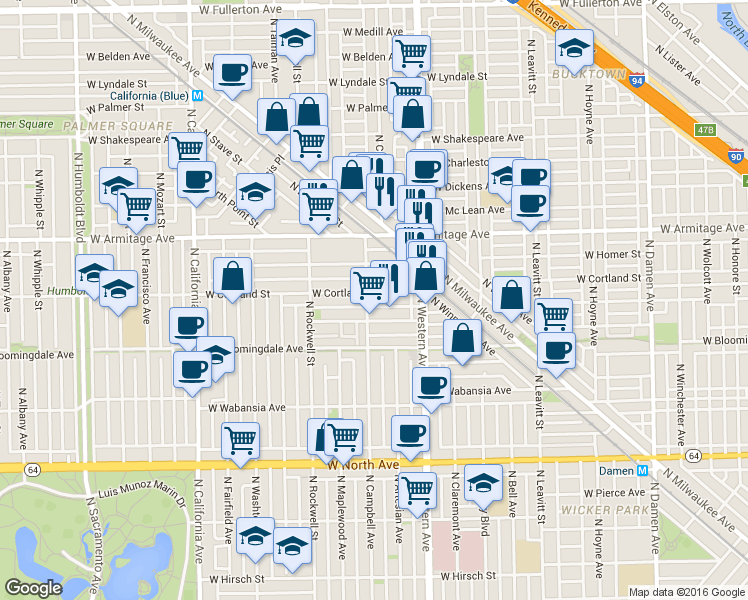 map of restaurants, bars, coffee shops, grocery stores, and more near 1906 North Campbell Avenue in Chicago
