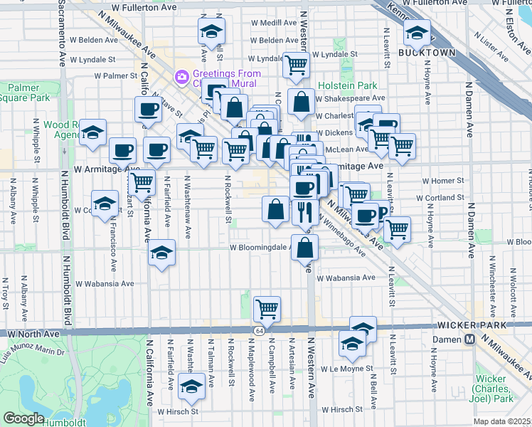 map of restaurants, bars, coffee shops, grocery stores, and more near 1906 North Campbell Avenue in Chicago