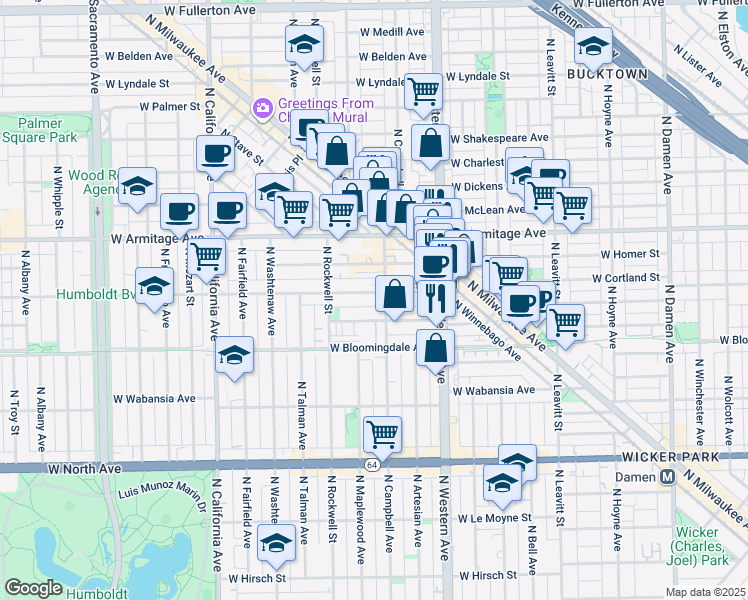 map of restaurants, bars, coffee shops, grocery stores, and more near 1906 North Campbell Avenue in Chicago