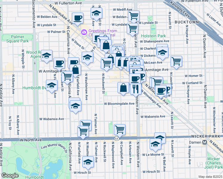 map of restaurants, bars, coffee shops, grocery stores, and more near 2542 West Cortland Street in Chicago