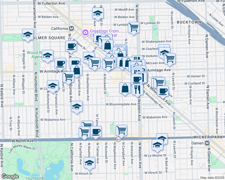 map of restaurants, bars, coffee shops, grocery stores, and more near 2542 West Cortland Street in Chicago