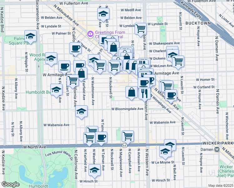 map of restaurants, bars, coffee shops, grocery stores, and more near 2542 West Cortland Street in Chicago