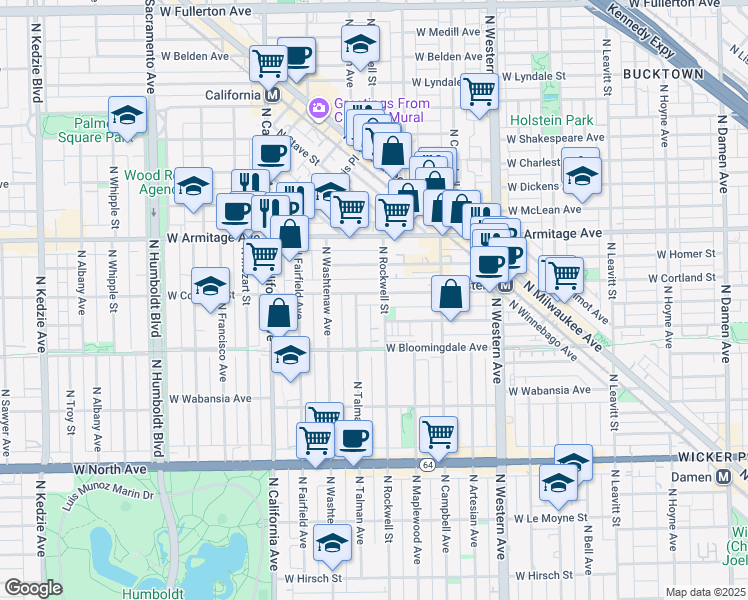 map of restaurants, bars, coffee shops, grocery stores, and more near 2616 West Cortland Street in Chicago
