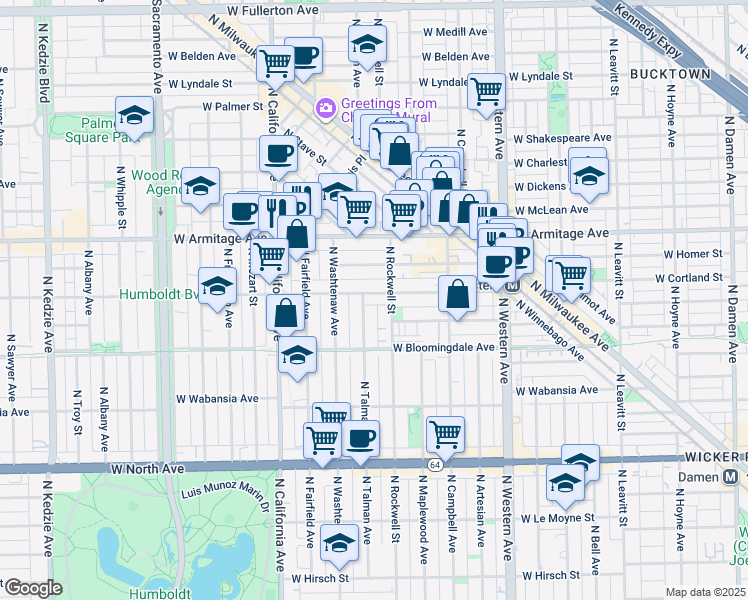 map of restaurants, bars, coffee shops, grocery stores, and more near 2616 West Cortland Street in Chicago