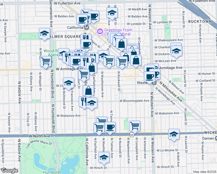 map of restaurants, bars, coffee shops, grocery stores, and more near 2658 West Cortland Street in Chicago