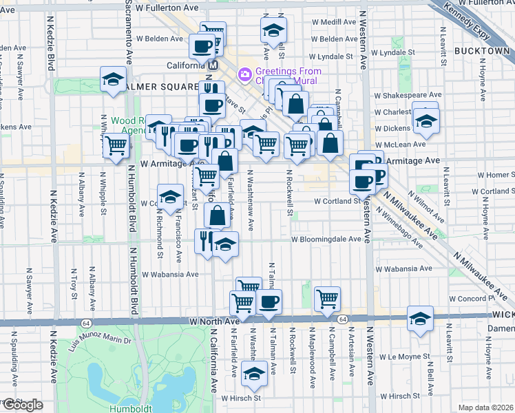 map of restaurants, bars, coffee shops, grocery stores, and more near 2658 West Cortland Street in Chicago