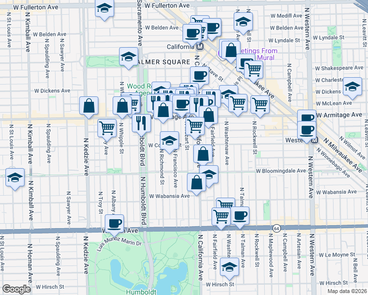 map of restaurants, bars, coffee shops, grocery stores, and more near 1909 North Francisco Avenue in Chicago