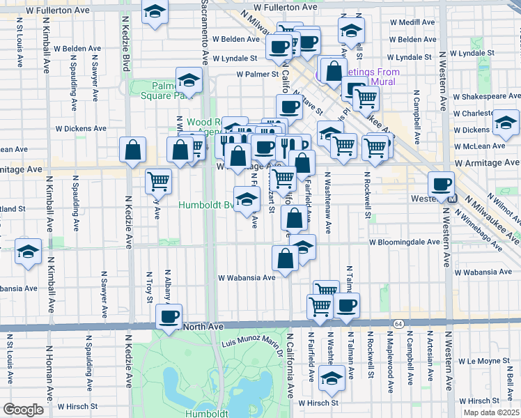 map of restaurants, bars, coffee shops, grocery stores, and more near 1909 North Francisco Avenue in Chicago