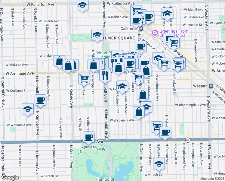 map of restaurants, bars, coffee shops, grocery stores, and more near 1912 North Richmond Street in Chicago