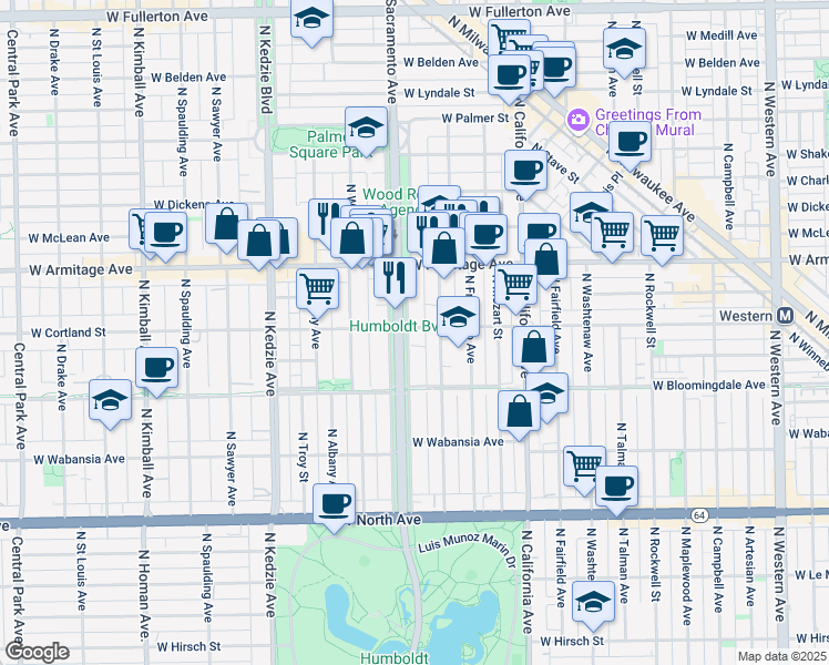 map of restaurants, bars, coffee shops, grocery stores, and more near 1911 North Humboldt Boulevard in Chicago