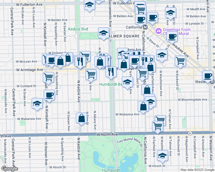 map of restaurants, bars, coffee shops, grocery stores, and more near 1911 North Humboldt Boulevard in Chicago