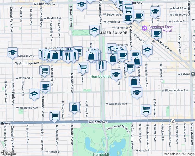 map of restaurants, bars, coffee shops, grocery stores, and more near 1911 North Whipple Street in Chicago