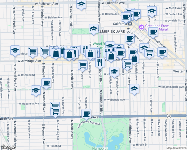 map of restaurants, bars, coffee shops, grocery stores, and more near 1911 North Whipple Street in Chicago