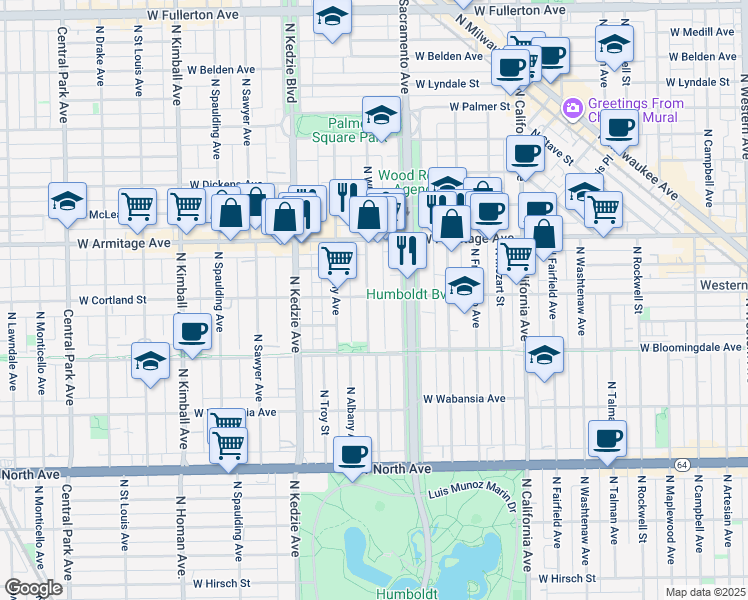 map of restaurants, bars, coffee shops, grocery stores, and more near 1911 North Whipple Street in Chicago