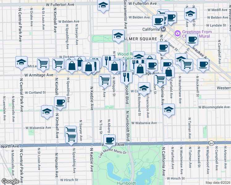 map of restaurants, bars, coffee shops, grocery stores, and more near 1911 North Whipple Street in Chicago