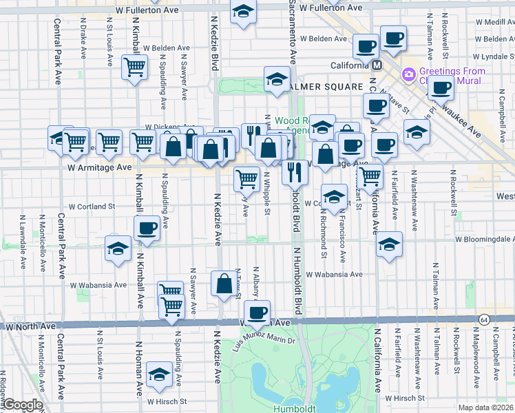 map of restaurants, bars, coffee shops, grocery stores, and more near 1911 North Albany Avenue in Chicago