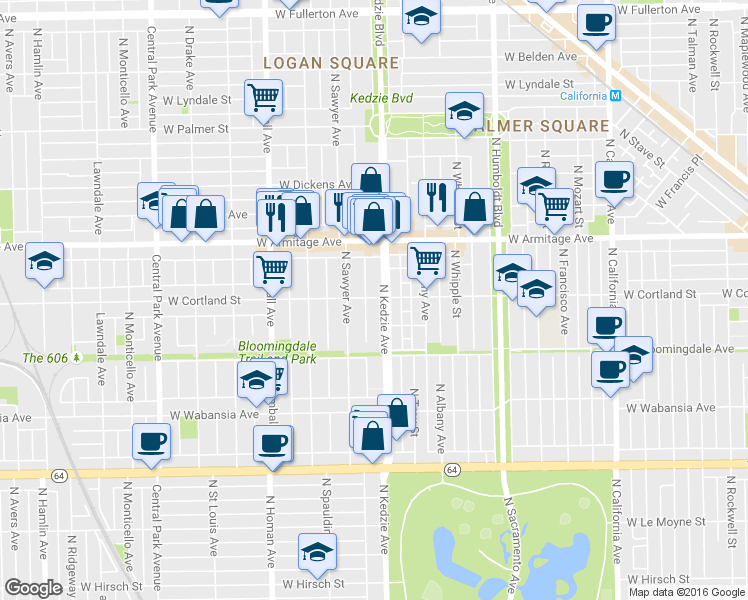 map of restaurants, bars, coffee shops, grocery stores, and more near 1915 North Sawyer Avenue in Chicago