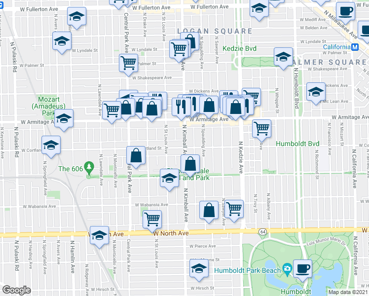 map of restaurants, bars, coffee shops, grocery stores, and more near 1916 North Kimball Avenue in Chicago