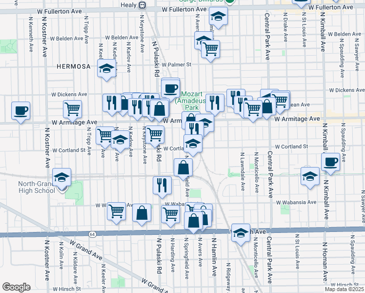 map of restaurants, bars, coffee shops, grocery stores, and more near 1920 North Springfield Avenue in Chicago